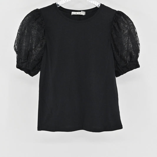 Alice Olivia Womens Posey Top Size XS Black Lace Silk Puff Sleeve Chic Blouse