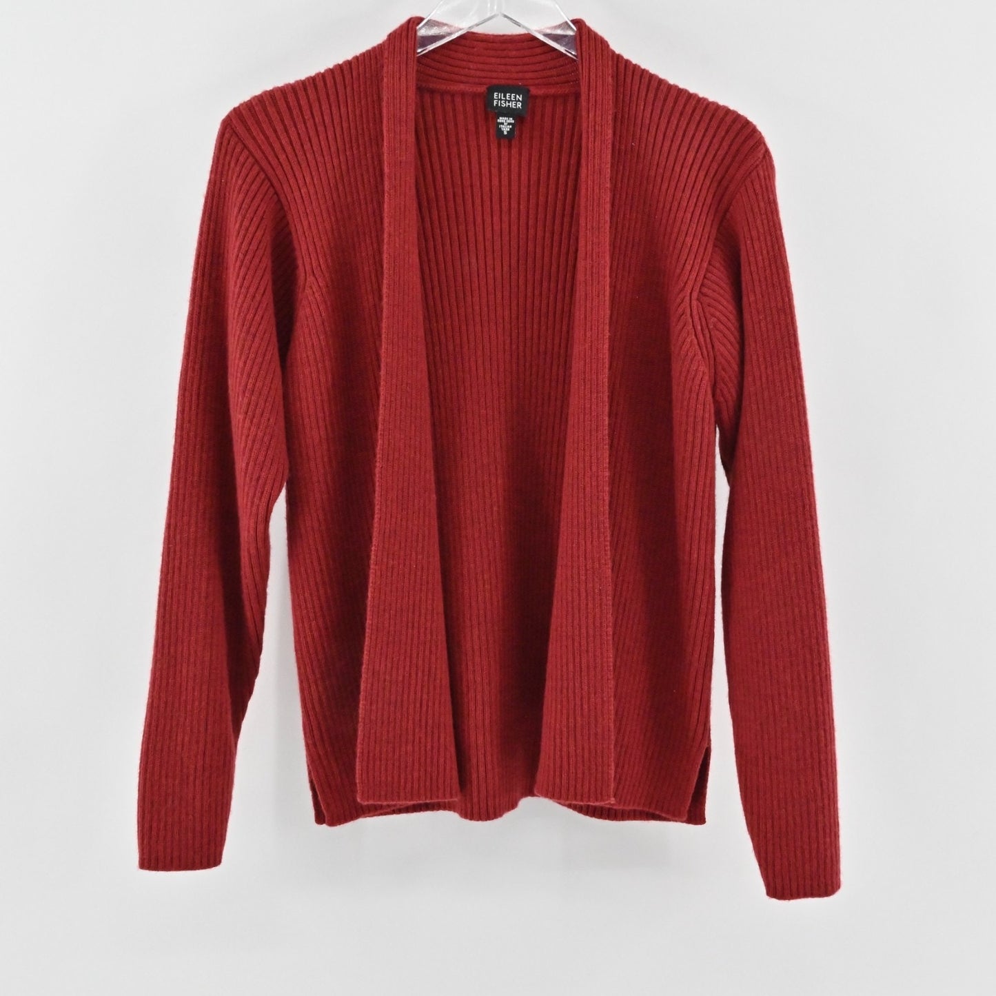 Eileen Fisher Womens Open Front Ribbed Cardigan Sweater Size S Red Wool Knit