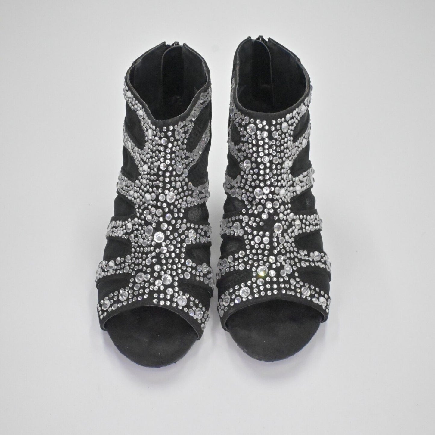 Vtg JOAN BOYCE Heels Womens Sz 7.5 Black Faux Suede Mesh Rhinestone Peep Toe Y2K