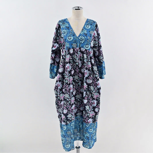 Millie Resort Travel Floral Dress Size L Blue Paisley Bohemian Cotton India Boho