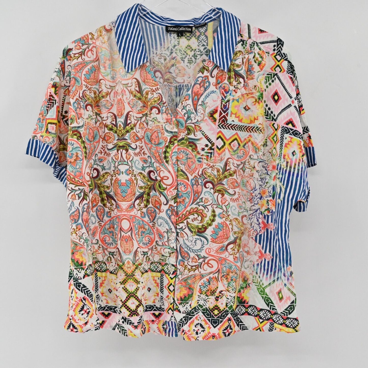 TOLANI Top Womens Size L Multicolor Collar Boxy Fit Short Sleeve Button Front