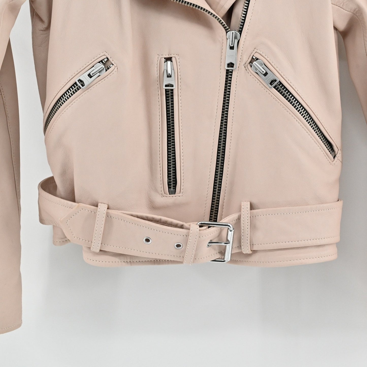 AllSaints Balfern Leather Biker Jacket Size 4 Beige Pink Lamb Rocker Edgy Moto