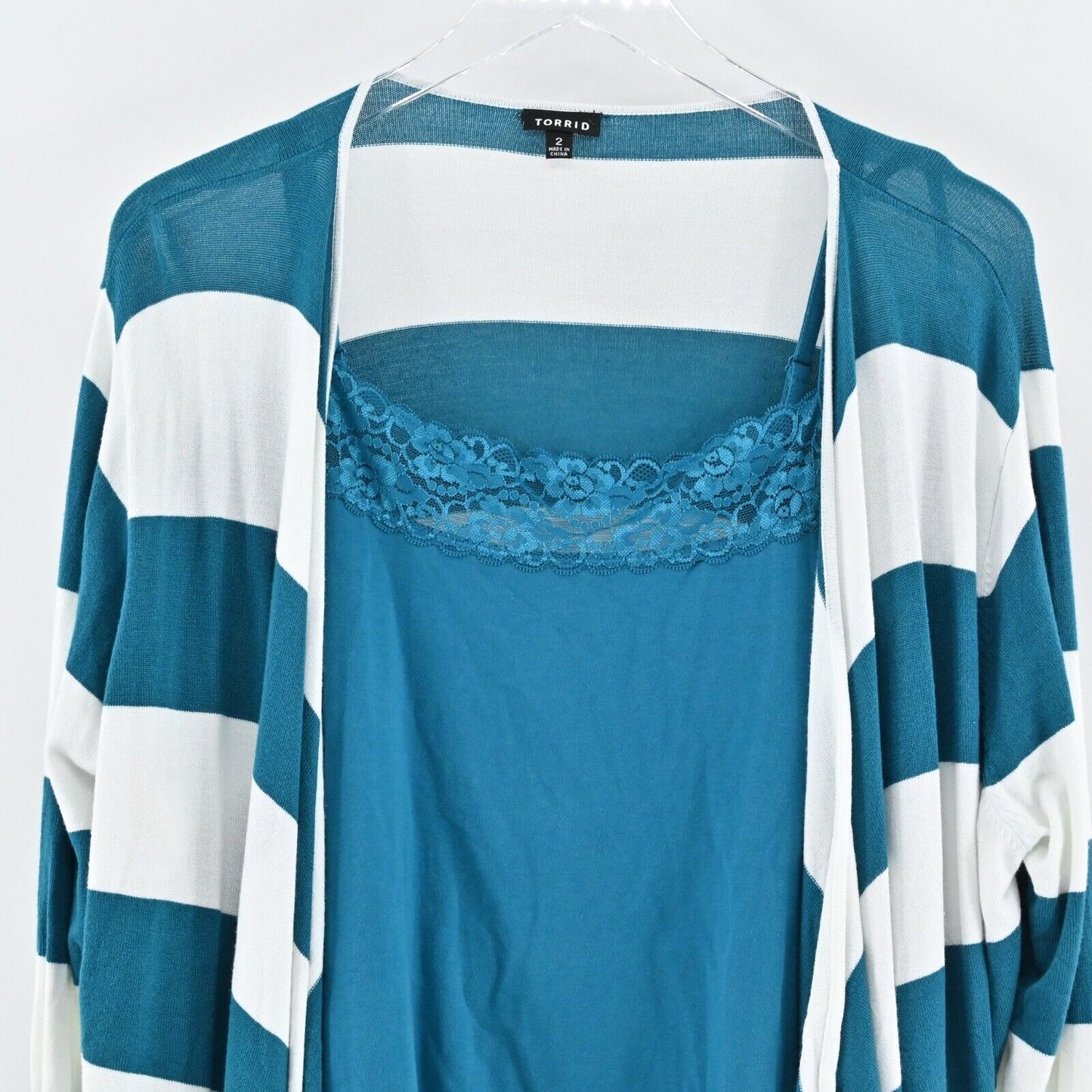 TORRID Set Womens Size 2X Blue Stripe Drape Open Front Cardigan Lace Trim Cami