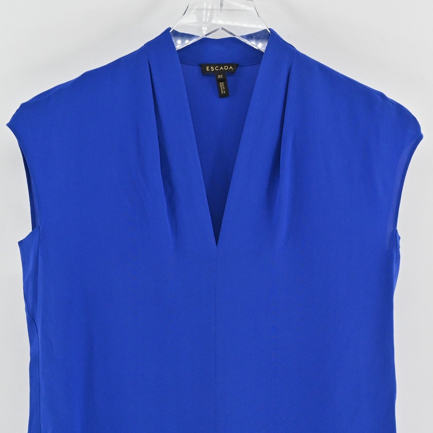 Escada Womens Silk Royal Blue Top Size 32 Sleeveless Pleated VNeck Blouse Siren