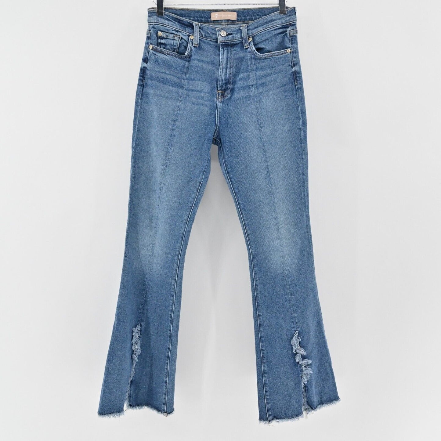 7FAM Jeans Womens Size 29 Luxe Vintage High Rise Slit Blue Denim Flare Raw Hem