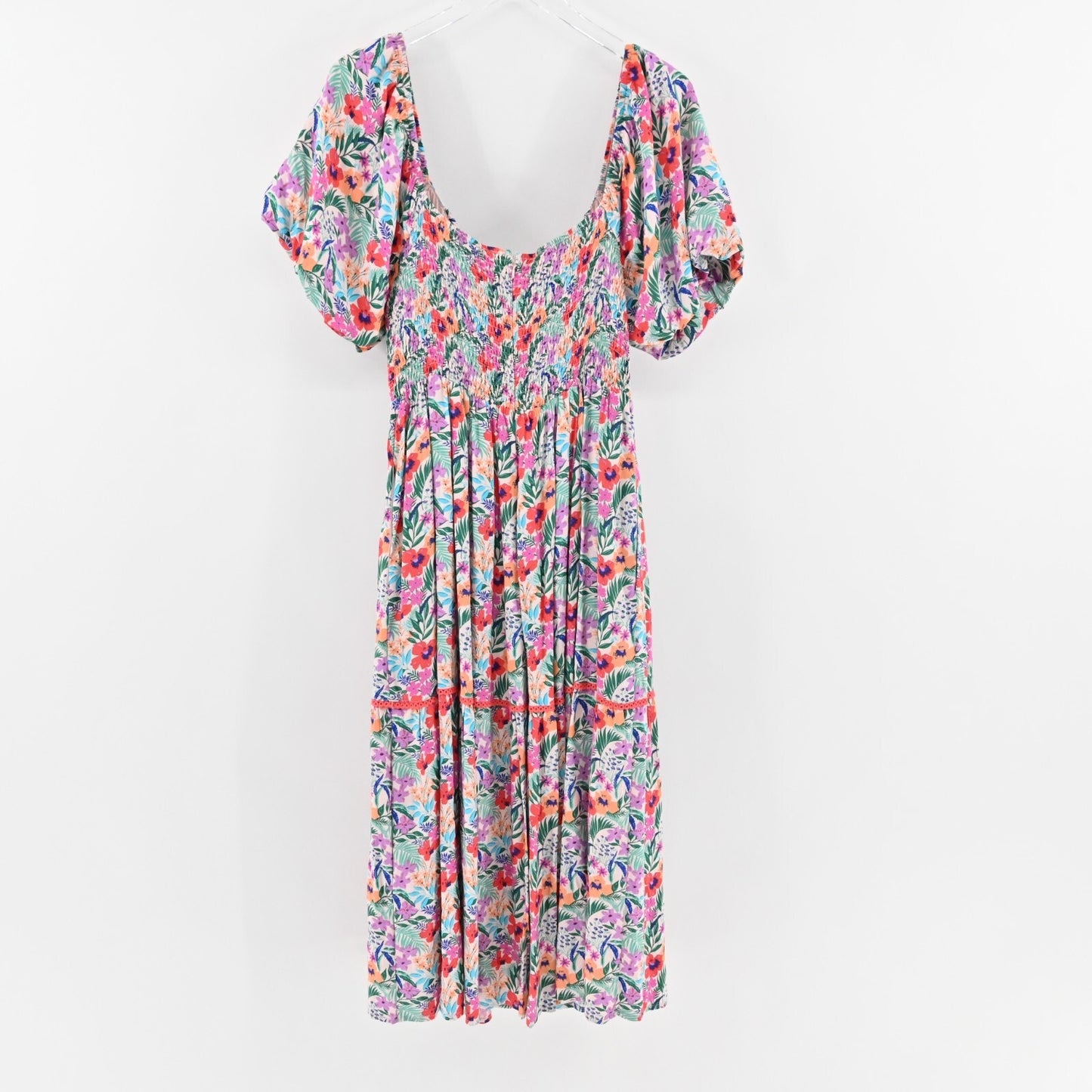 LOST WANDER Dress Size 1X Multicolor Floral Print Puff Sleeve Sweetheart Midi