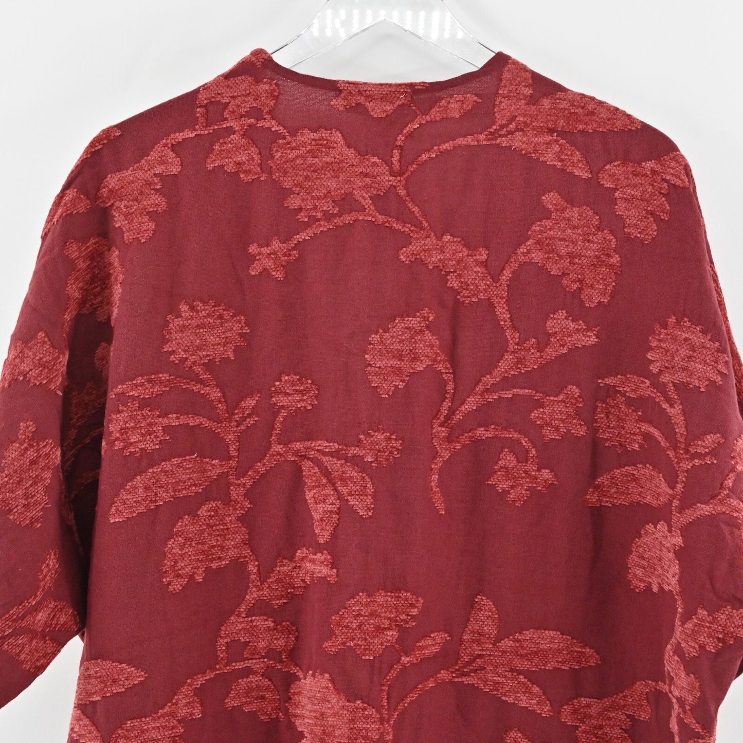 CHICOS Ruana Wrap Womens Size S/M Chenille Floral Jacquard Red Fringe Trim NEW