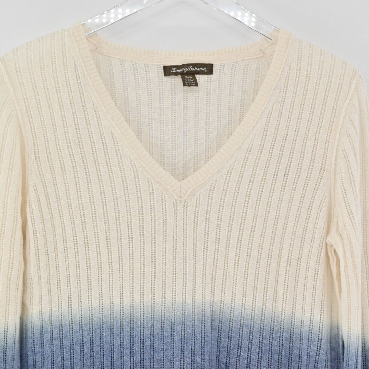 TOMMY BAHAMA Sweater Womens Size S Blue Ombre Wool Alpaca VNeck Open Knit Boho