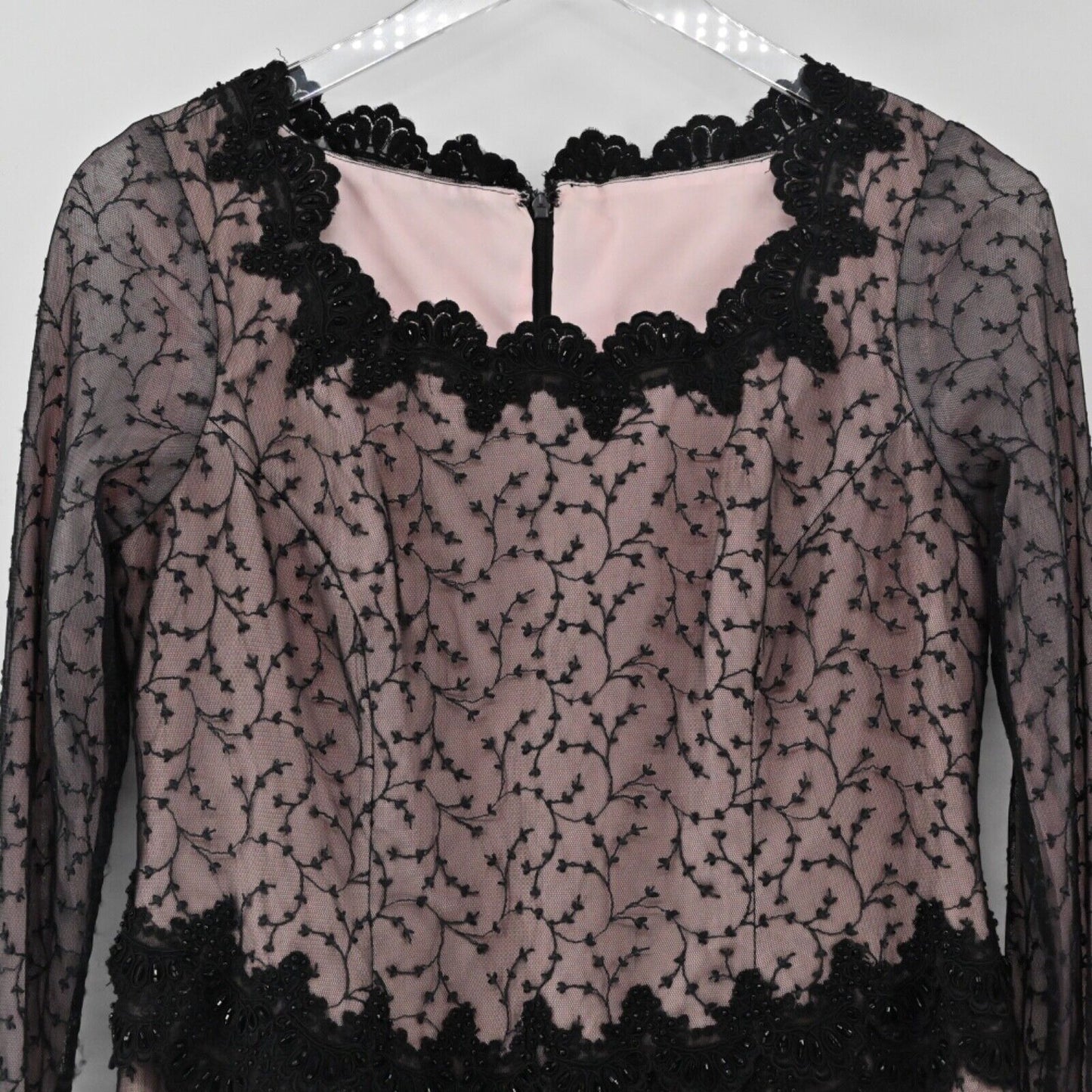 Vtg Dress Womens Size L Black Pink Sheer Floral Embroidered Beaded Lace Trim 80s