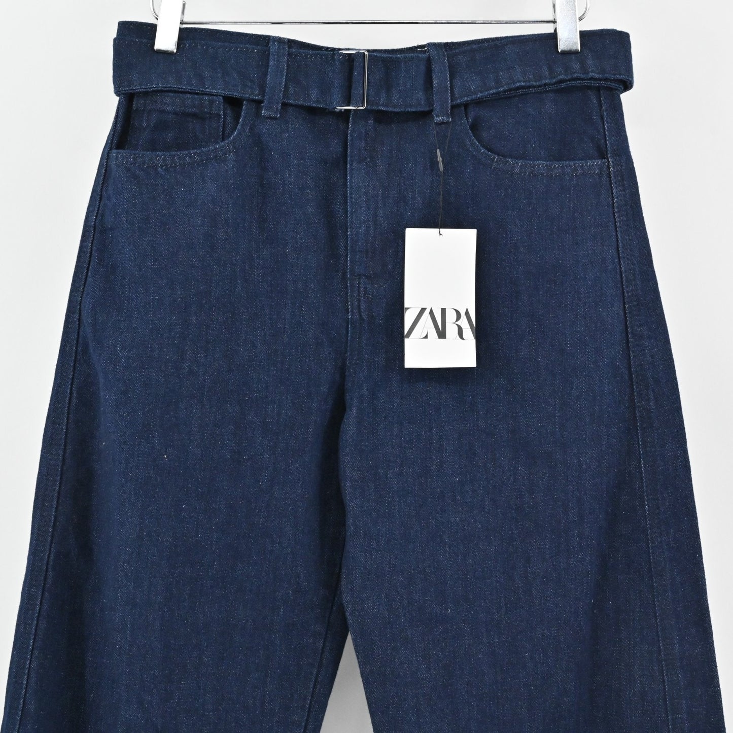 Zara Womens Wide Leg Jeans Size 4 Blue High Rise Belted Denim Pant Western NEW