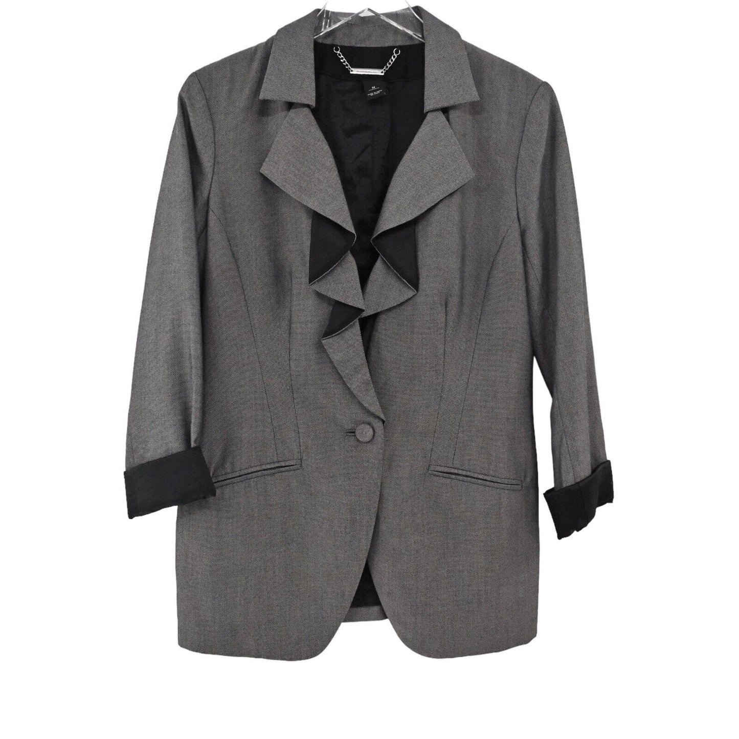 WHBM Blazer Womens Sz M Gray Black Ruffle Front Flip Cuff Retro Office Career