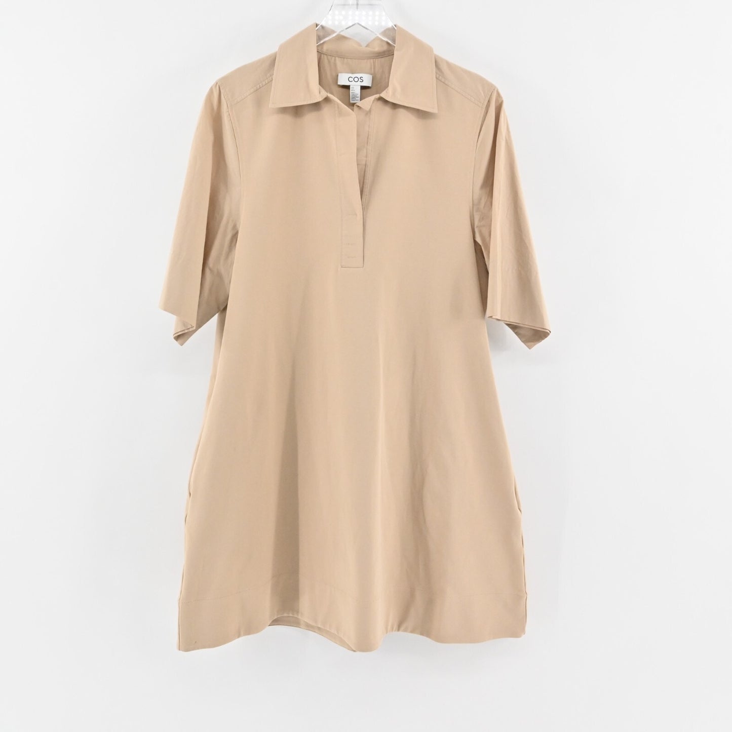 COS Khaki Shirt Dress Size S Open Collar Oversized Shift Casual Neutral Preppy