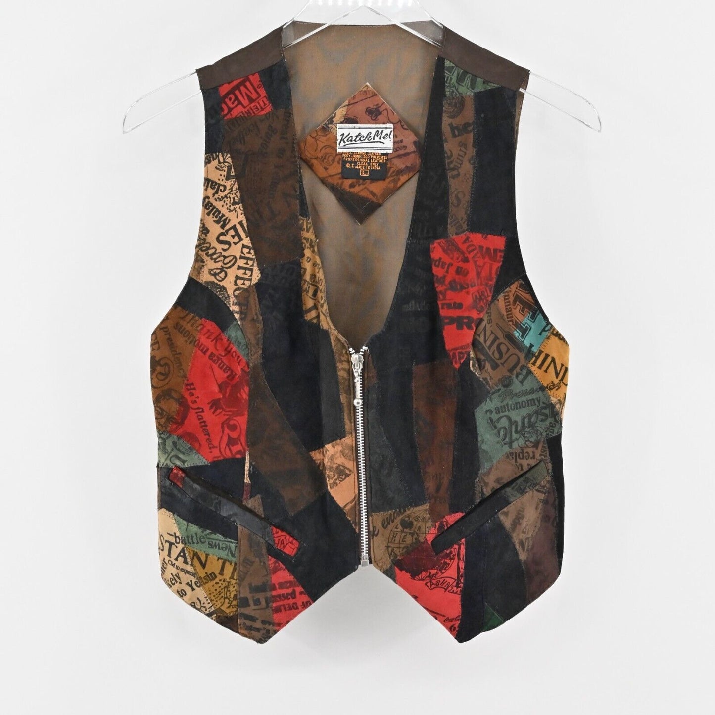 Vtg Leather Vest Womens Sz L Multicolor Patchwork Sleeveless Artsy Festival Boho