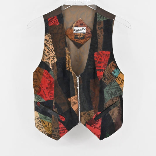 Vtg Leather Vest Womens Sz L Multicolor Patchwork Sleeveless Artsy Festival Boho