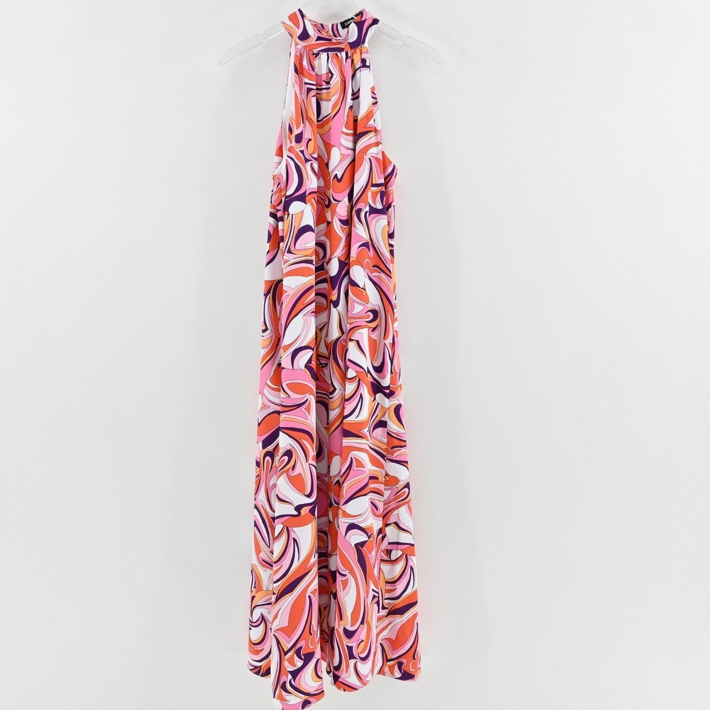 Express Halter Maxi Dress Size M Groovy Dopamine Funky Pink Orange Purple Swirl