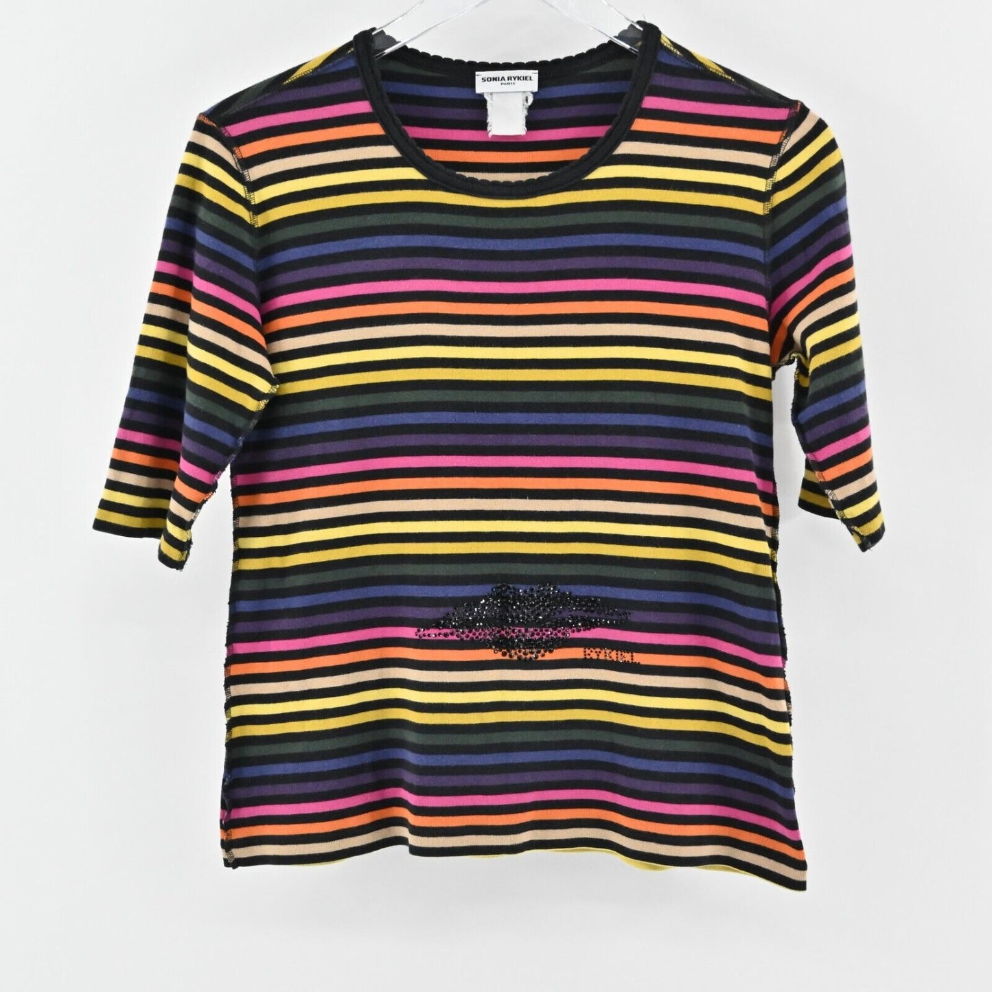 Vtg SONIA RYKIEL Top Womens Size L Multicolor Stripe Black Rhinestone Lips Logo