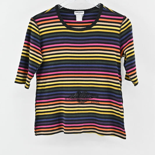 Vtg SONIA RYKIEL Top Womens Size L Multicolor Stripe Black Rhinestone Lips Logo