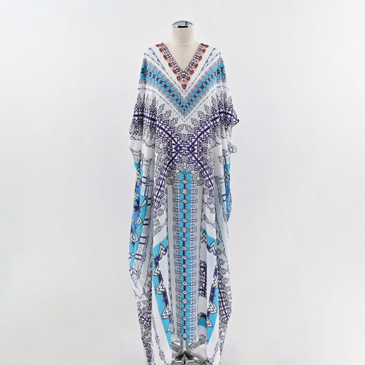 Rococo Sand Silk Kimono Maxi Dress Size M Beaded Hooded Blue Tribal Resortwear