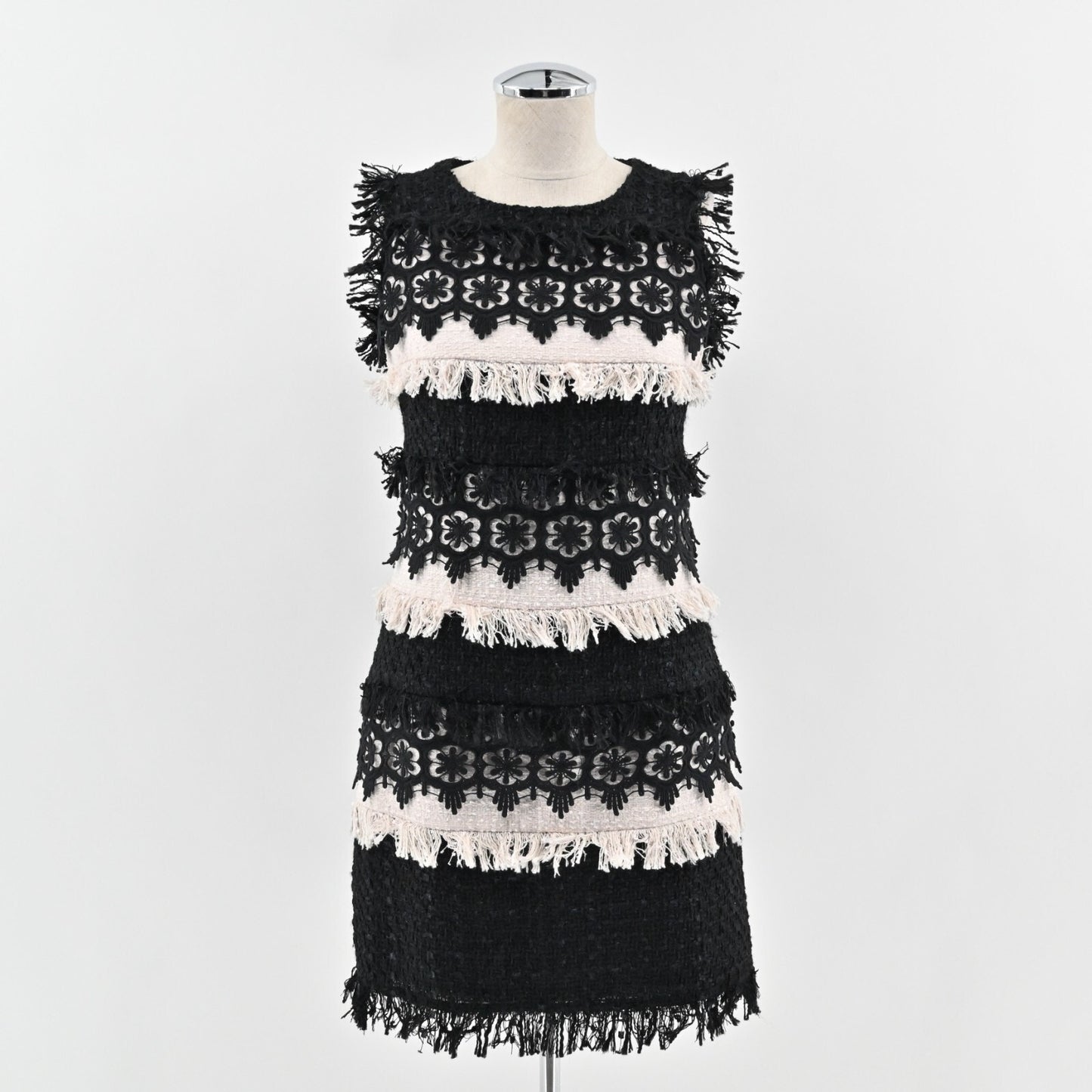 BOSTON PROPER Tweed Dress Size 2 Color Block Sleeveless Floral Fringe Mini Retro