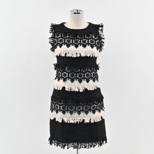 BOSTON PROPER Tweed Dress Size 2 Color Block Sleeveless Floral Fringe Mini Retro