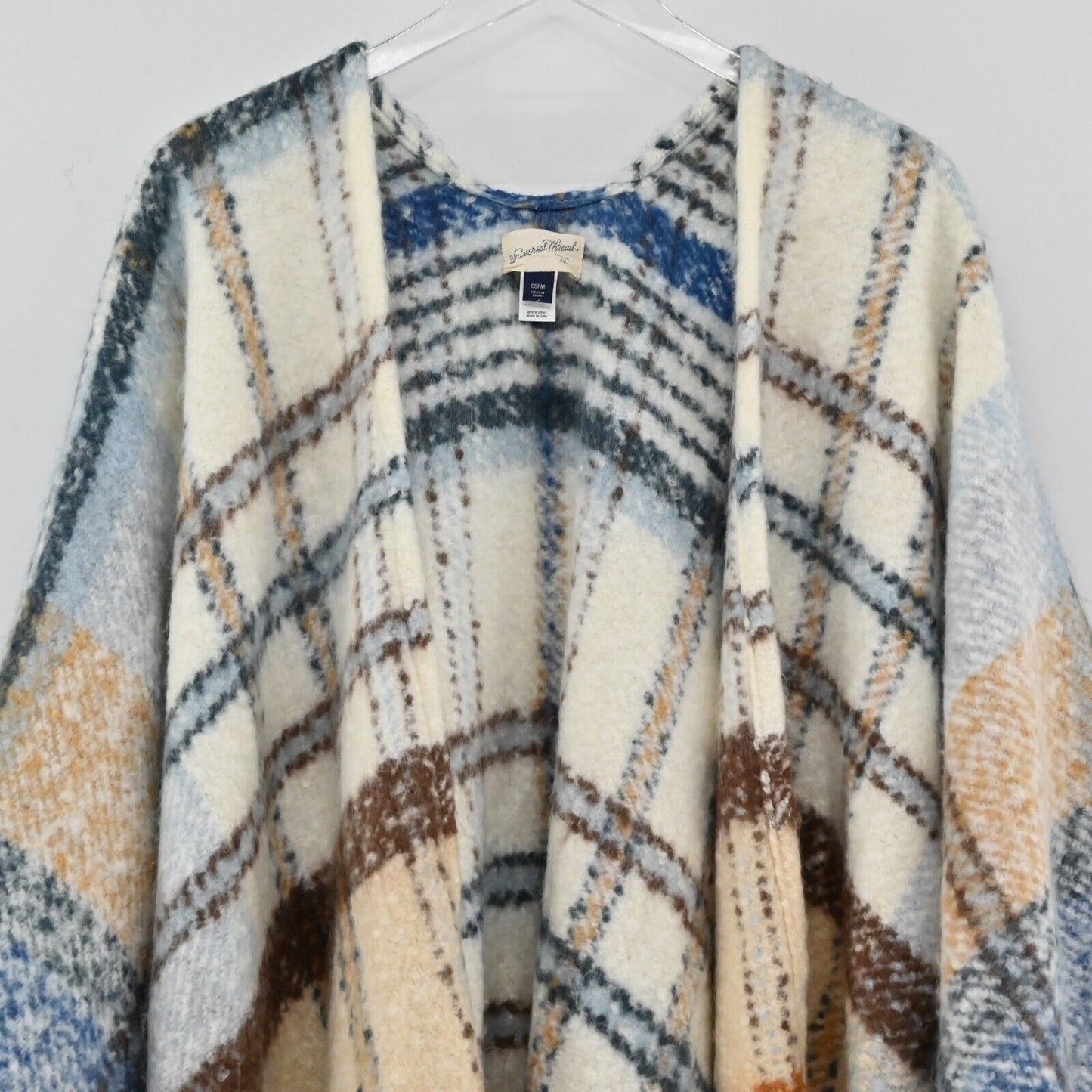 UNIVERSAL THREAD Shawl Sweater Womens Sz OS Soft Knit Plaid Topper Poncho Fringe