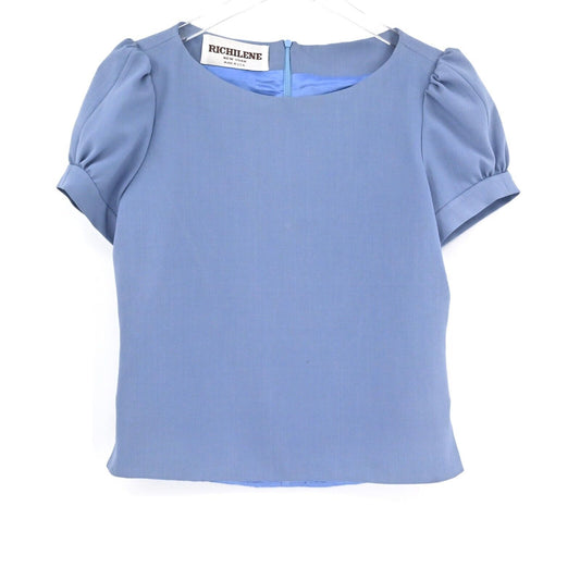 Vtg RICHILENE Top Womens Size S Blue Puff Sleeve Boat Neck Made USA Career Y2k
