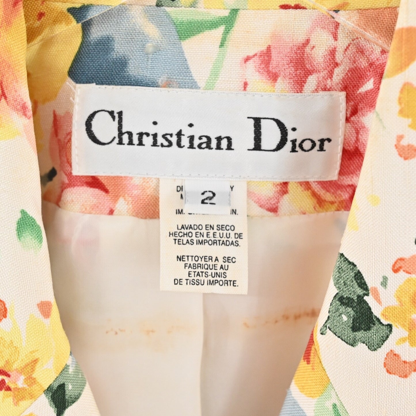 Vtg CHRISTIAN DIOR Womens Floral Skirt Suit Sz 2 Silk Short Sleeve Retro USA 80s