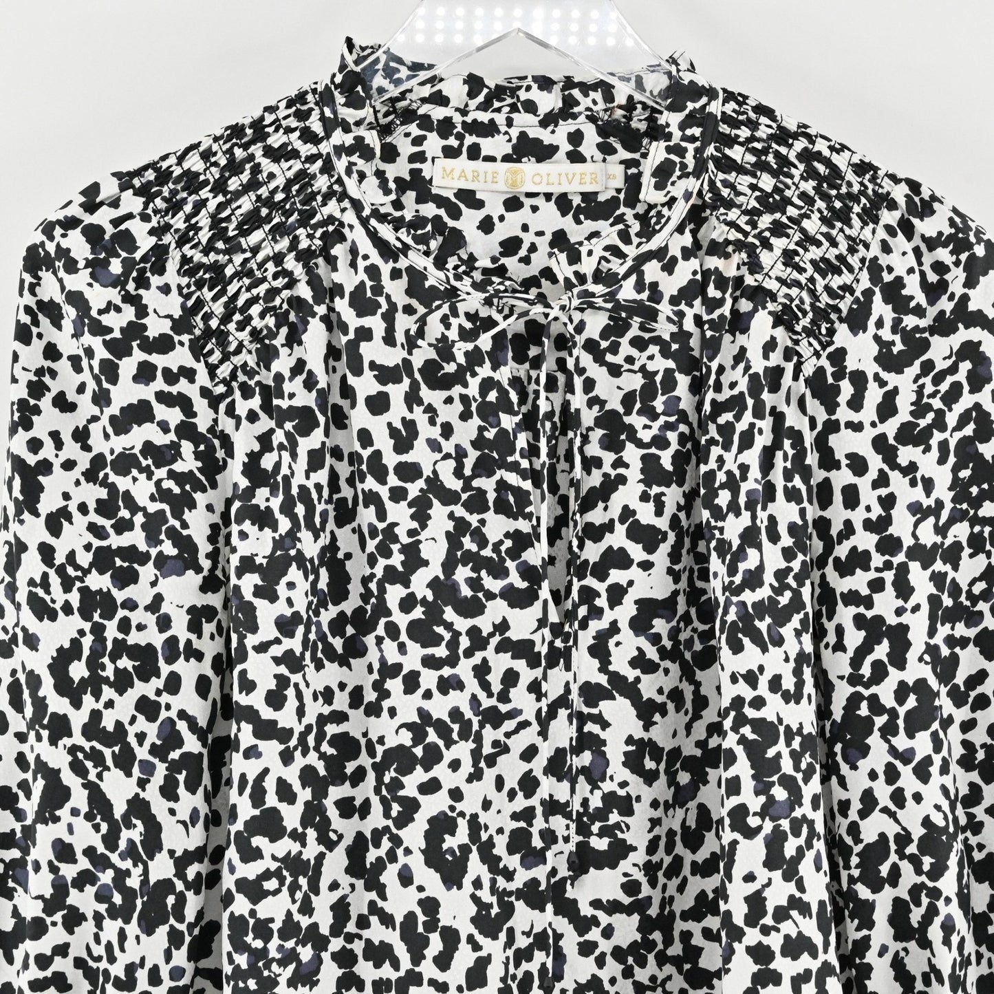 Marie Oliver Womens Silk Top Size XS Animal Print Black White Smocked Femnine