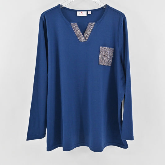 Quacker Factory Womens Rhinestone Pocket Split Neck Top Size 2X Light Navy Tee
