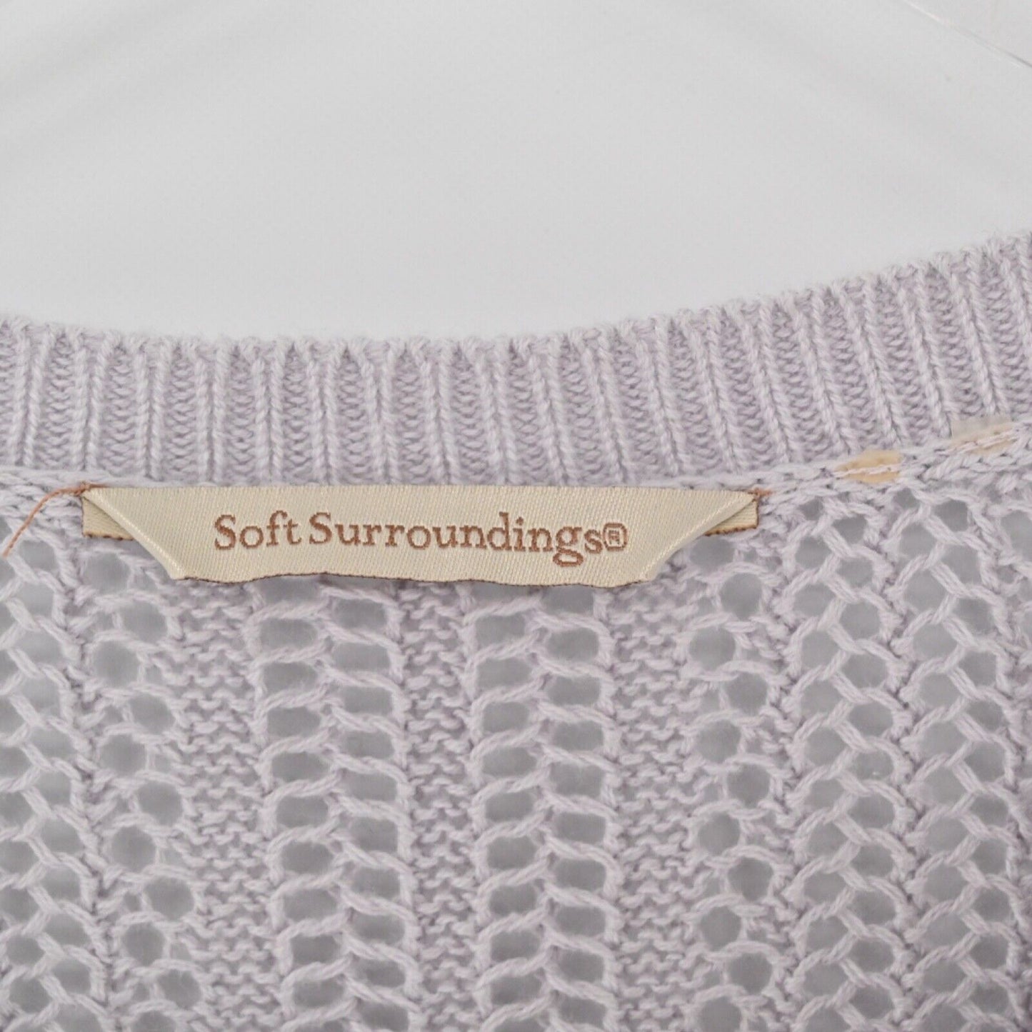 SOFT SURROUNDINGS Sweater Womens Size L Purple 100% Cotton Open Knit Fringe Boho