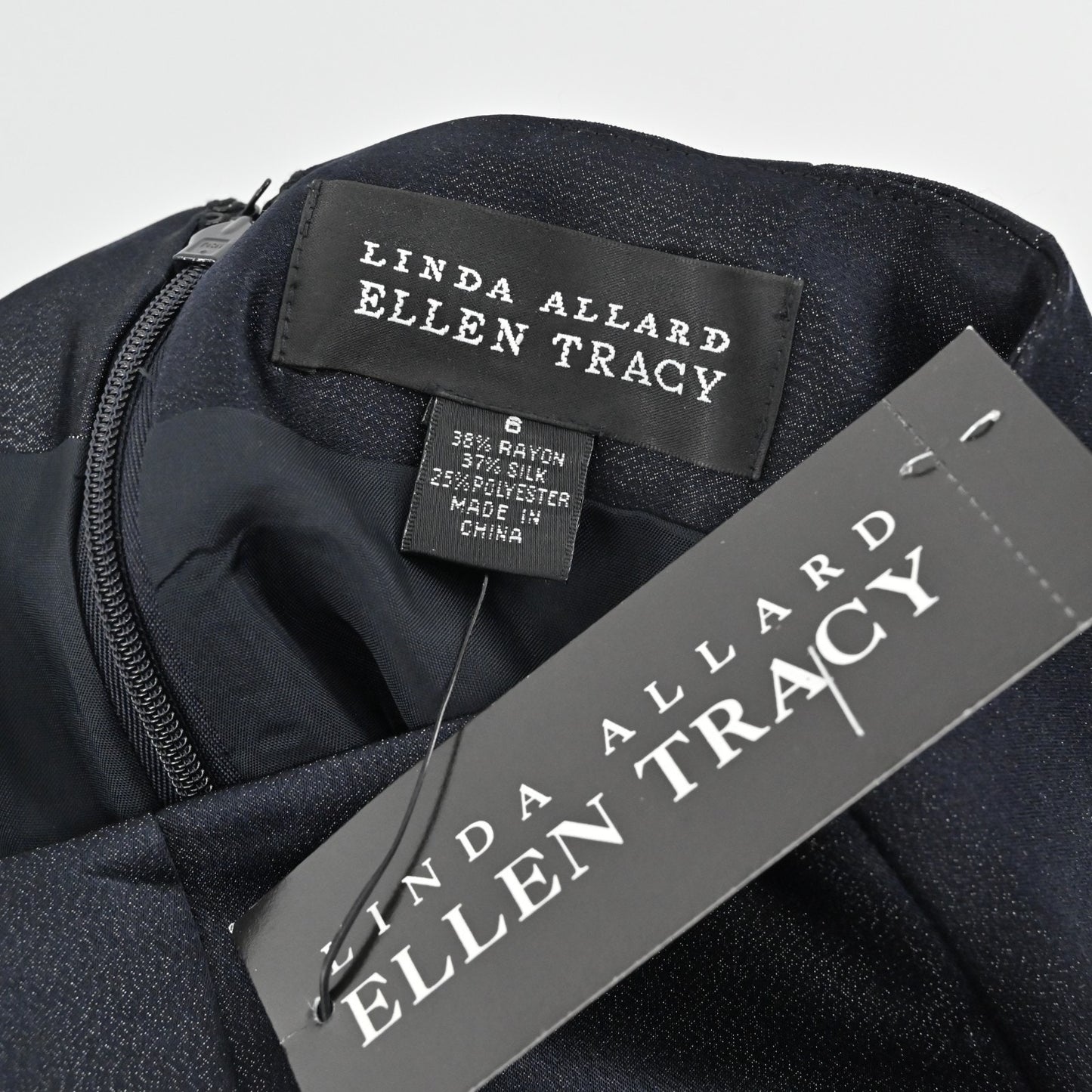 Linda Allard Ellen Tracy Silk Pencil Skirt Size 6 Navy Blue Metallic Office NEW