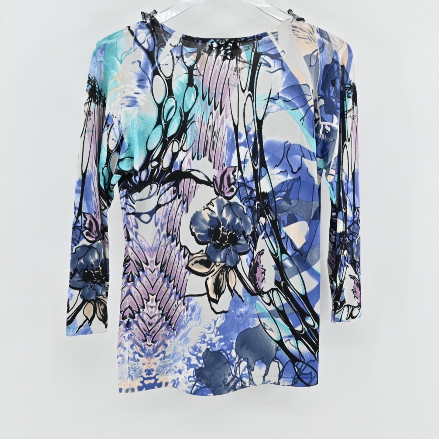 Alberto Makali Womens Ruffle Sequin Sweater Size L Blue Floral Art To Wear Bold