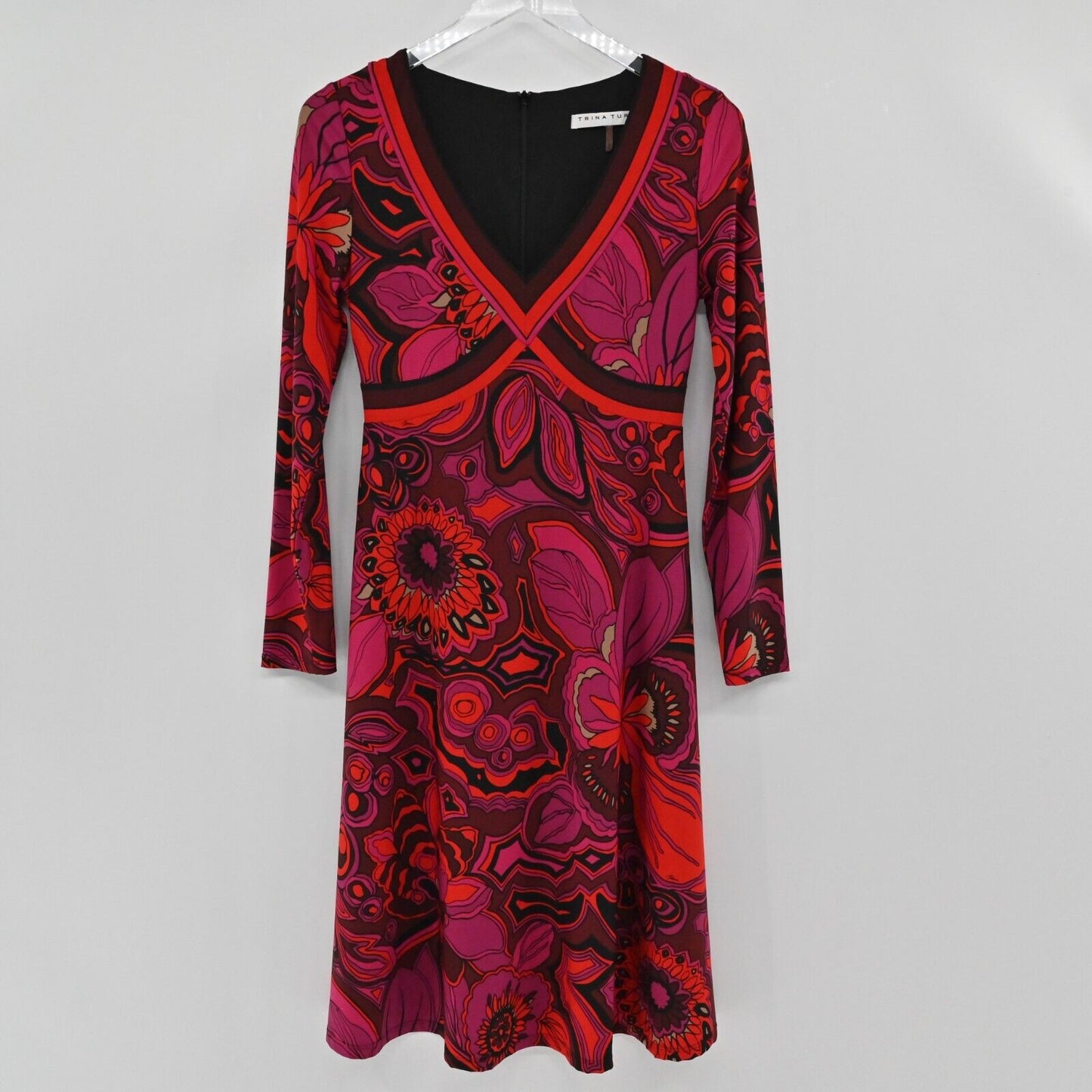 TRINA TURK Dress Size 0 Pink Red Floral V Neck Long Sleeve Paisley Valentines