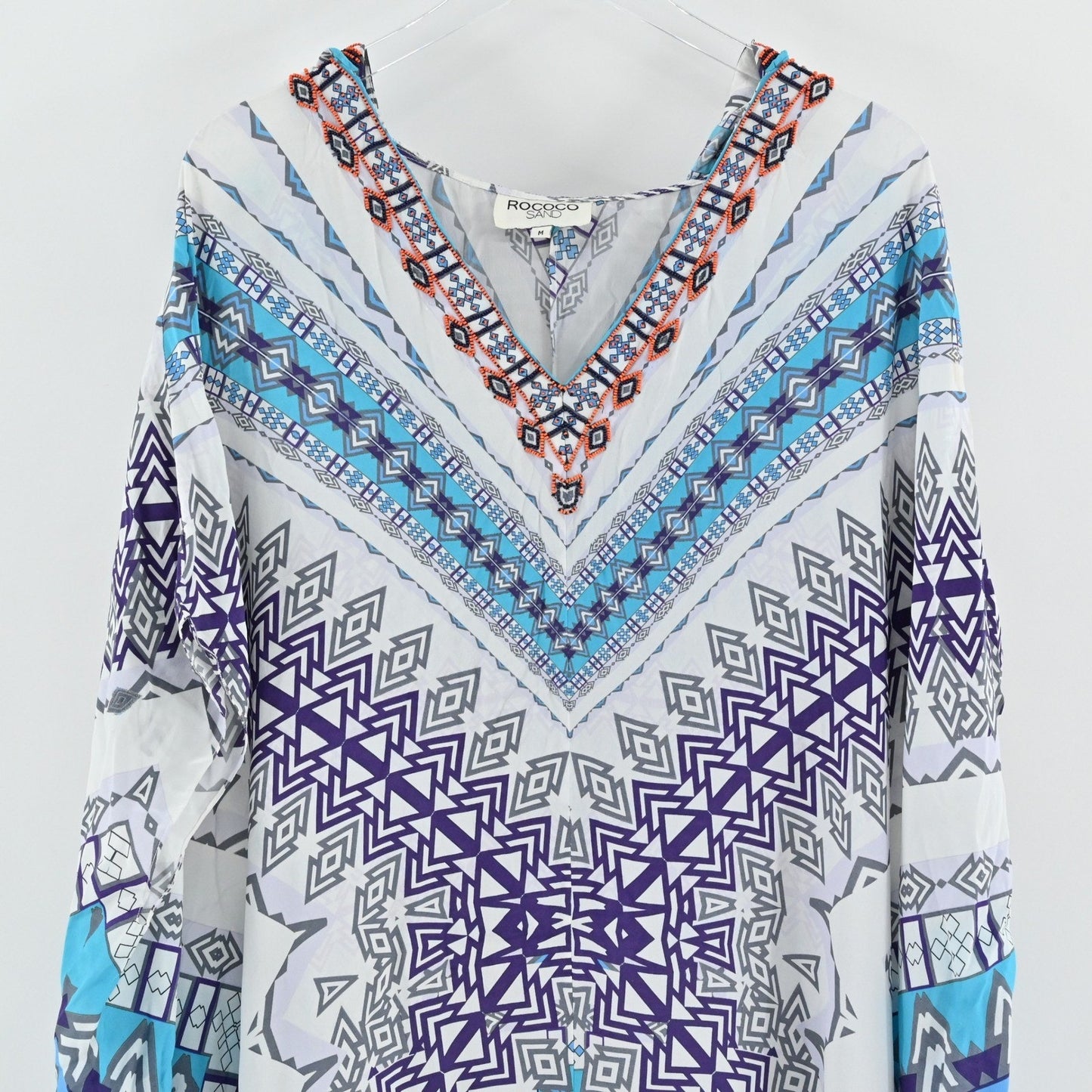 Rococo Sand Silk Kimono Maxi Dress Size M Beaded Hooded Blue Tribal Resortwear