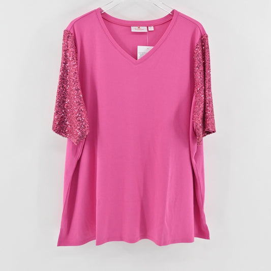 Quacker Factory Womens Glamour Sequin Elbow Sleeve Top Size 3X Pink Fire Tee NEW