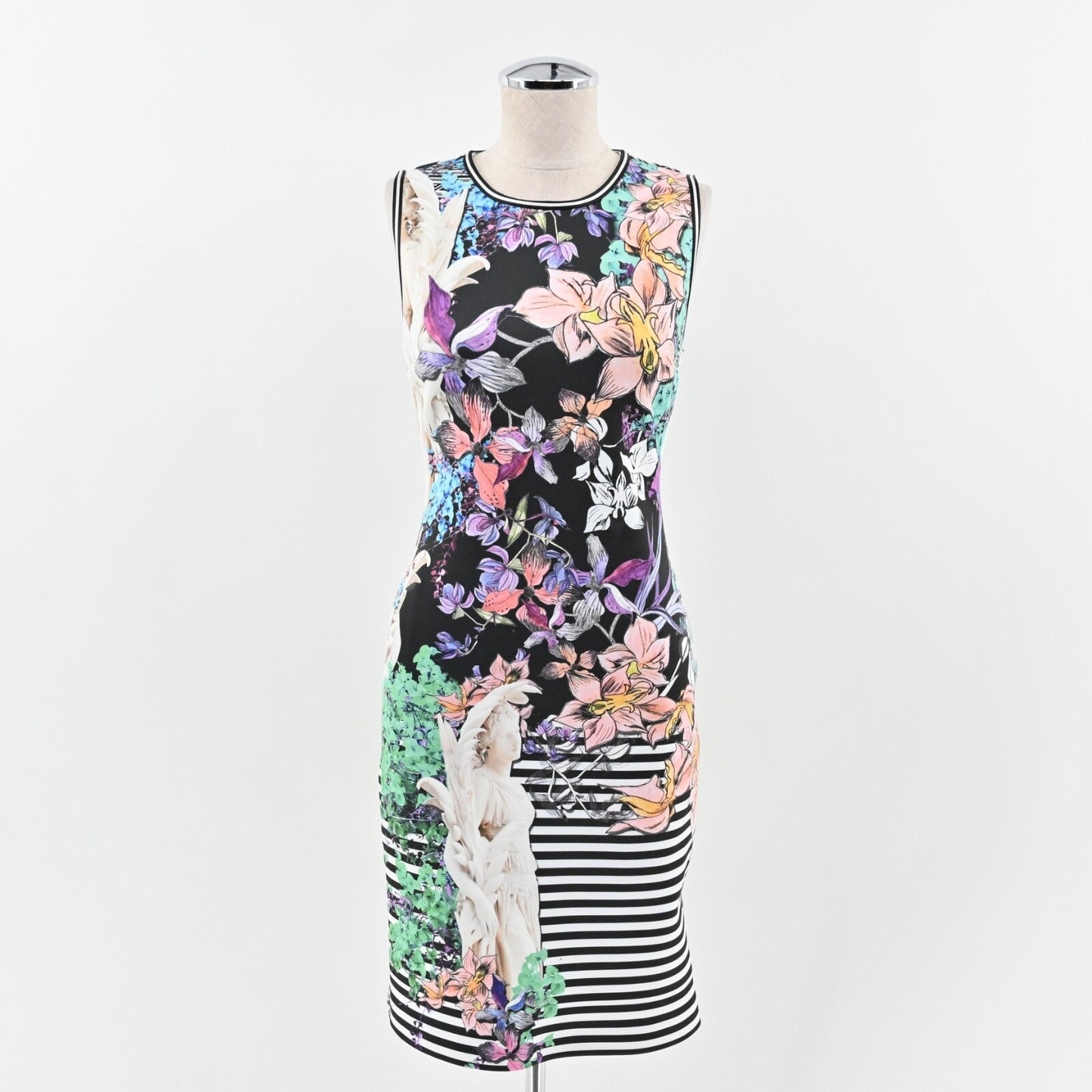 CLOVER CANYON Enchanted Garden Dress Sz M Sheath Black Floral Stripe Sleeveless