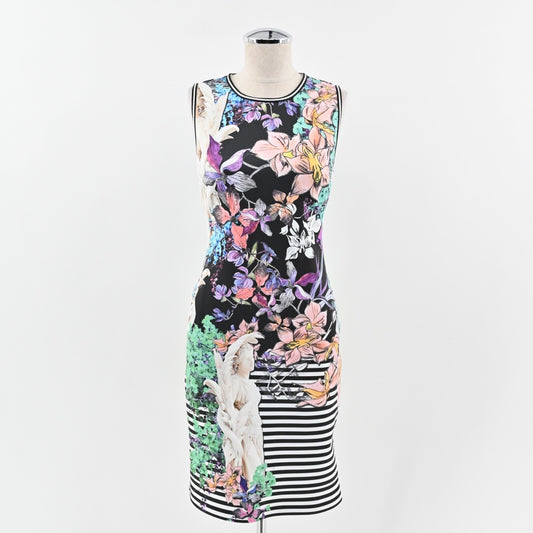 CLOVER CANYON Enchanted Garden Dress Sz M Sheath Black Floral Stripe Sleeveless