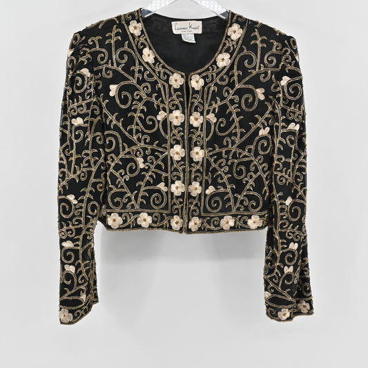 Vtg Laurence Kazar Womens Silk Cropped Jacket Size PL Beaded Embroidered 80s