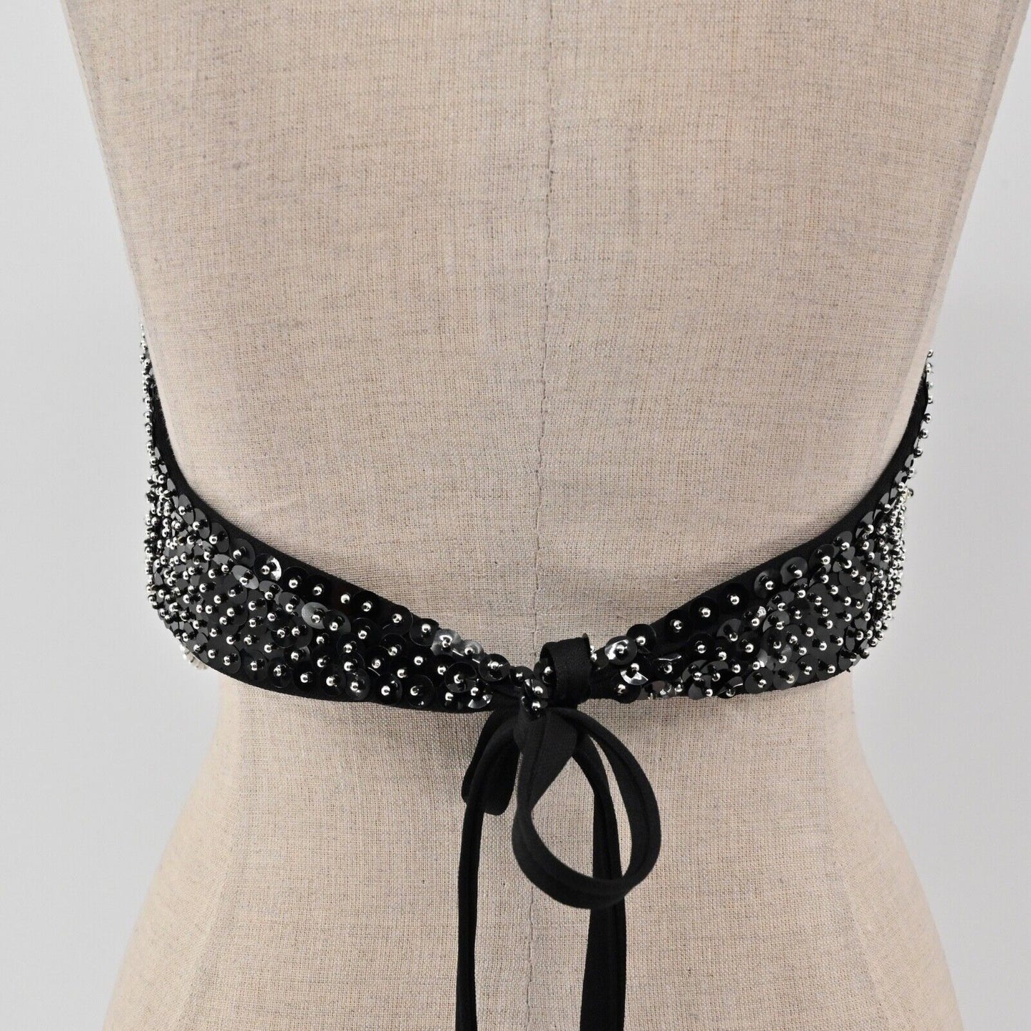 CHARISMATICO Beaded Top Womens Sz M Black Sequin Rhinestone Bustier Halter Crop