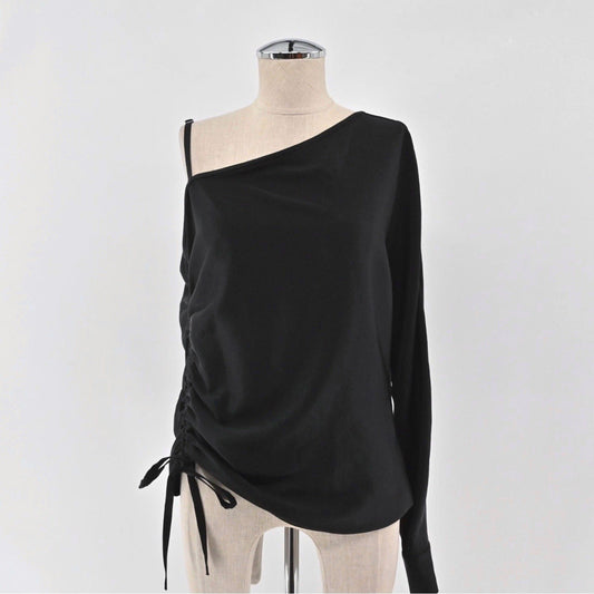 T ALEXANDER WANG Ruched Womens Top Size 4 Black Satin Dark Romantic One Sleeve