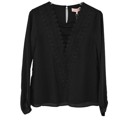LEYDEN Top Womens Size S Black Lace Trim Lightweight Chiffon Blouse Academia NEW
