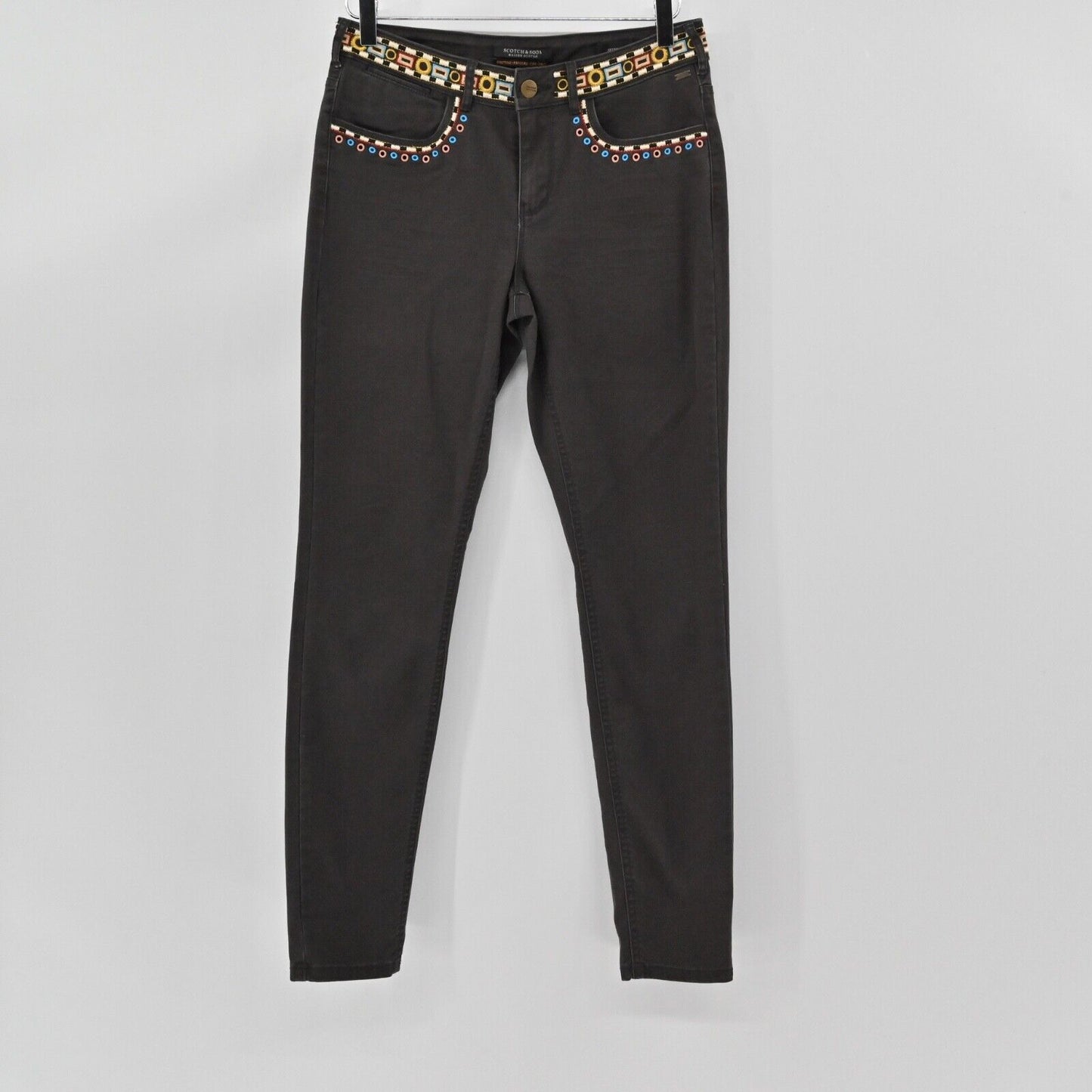 SCOTCH SODA Jeans Womens Size 29 Gray Embroidered Mid Rise Skinny Stretch Boho