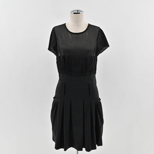 Alice Olivia Black Pleated Dress Size 10 Wool Blend Sheer Short Sleeve Mini