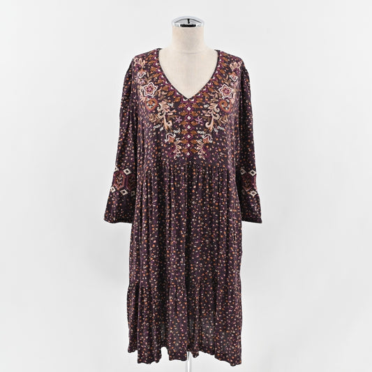 J JILL Embroidered Dress Size L Sonoma Floral Dark Fig Ditsy Boho Relaxed Swing