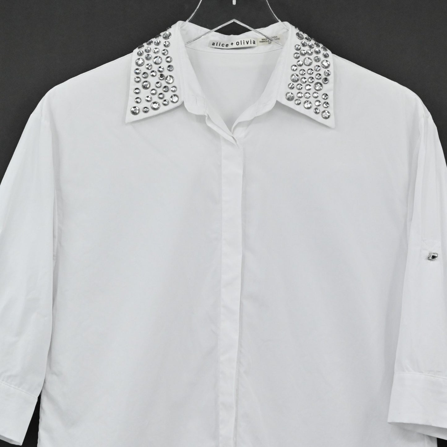 ALICE OLIVIA Womens Rhinestone Collar Top Size S Western White Cotton Blouse