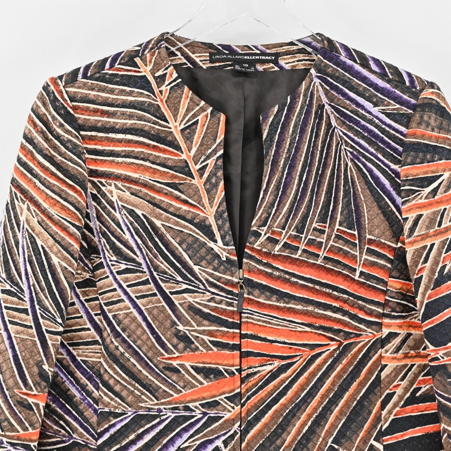 Vtg ELLEN TRACY LINDA ALLARD Womens Silk Jacket Size 10 Leaf Print Collarless