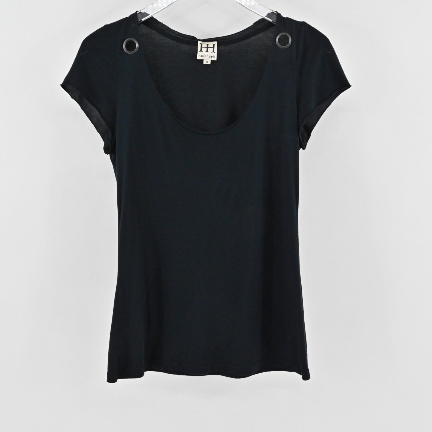 Haute Hippie Womens Black Scoop Neck Modal Top Size S Gromet Detail Casual Shirt