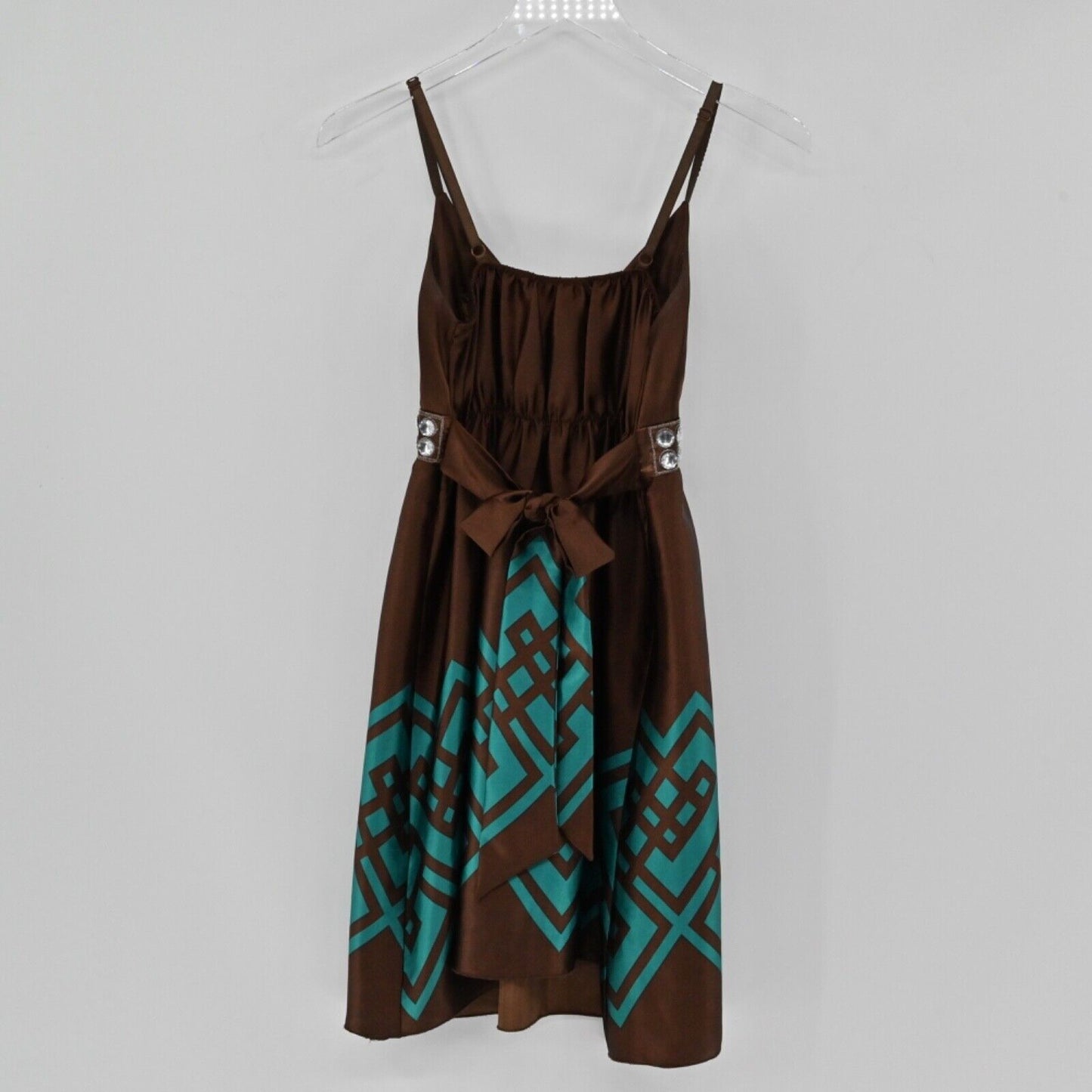 Vtg JANICE Dress Womens Sz S Brown Teal Geometric Satin Jeweled Empire Waist Y2k