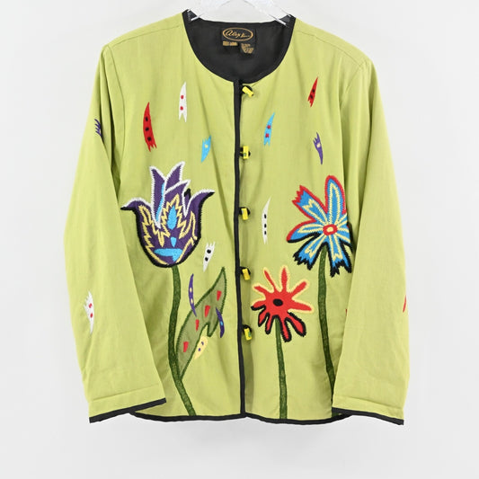Vtg ALEX KIM Womens Embroidered Jacket Size L Green Floral Toggle Linen Art Wear