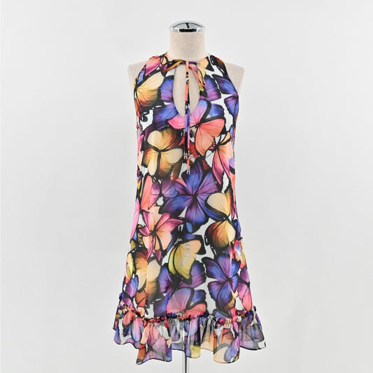 Vtg Y2k Atina Cristina Colorful Butterfly Mini Dress Sz XS Sleeveless Ruffle Hem